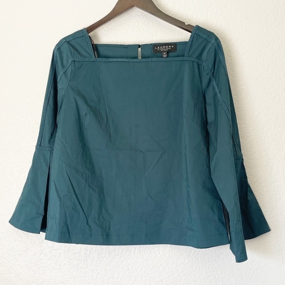 NWT LAUNDRY By Shelli Segal Teal Square Neck Poplin Top Reflecting Pond - Picture 2 of 8